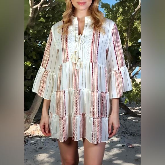 Casual Bohemian Striped Loose Fit Mini Dress with Tassels - Picture 1 of 7